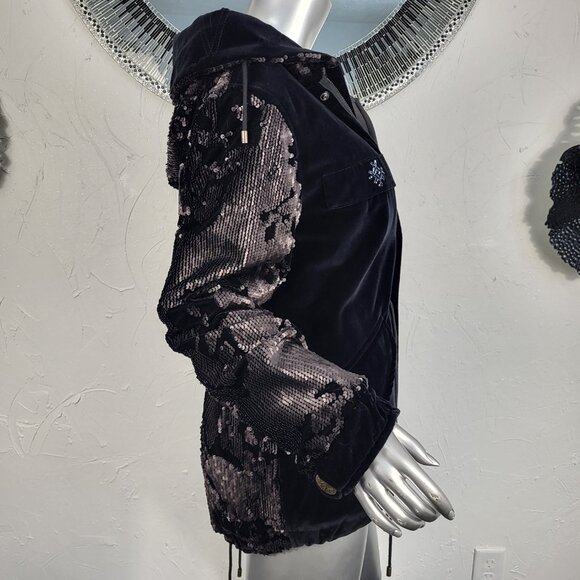 NWT~$2590~MR & MRS ITALY~S/M~BLACK VELVET SEQUIN HOODED PARKA COAT NO FUR - Picture 8 of 16